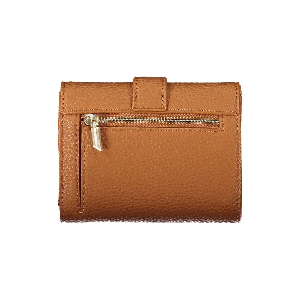 Calvin Klein brown polyester women's wallet with external pocket and snap closure, showcasing sleek and sophisticated design.
