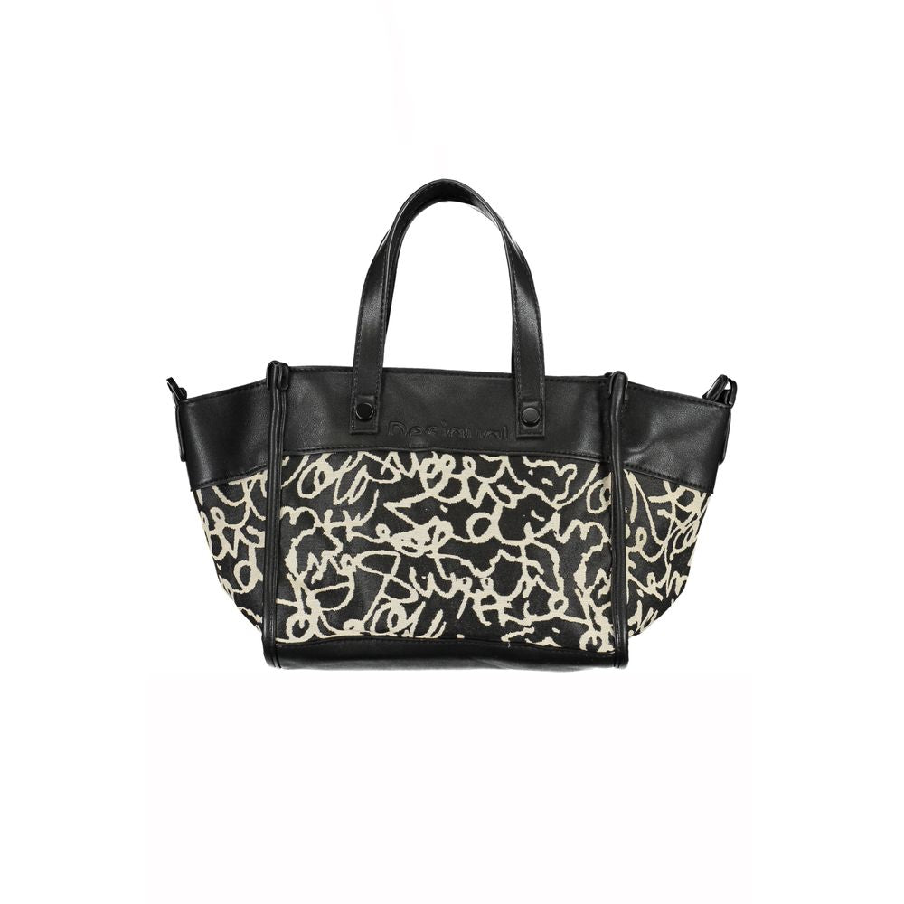 Desigual black polyester handbag with contrasting details, two handles, adjustable strap, external pocket, zip closure, and logo.