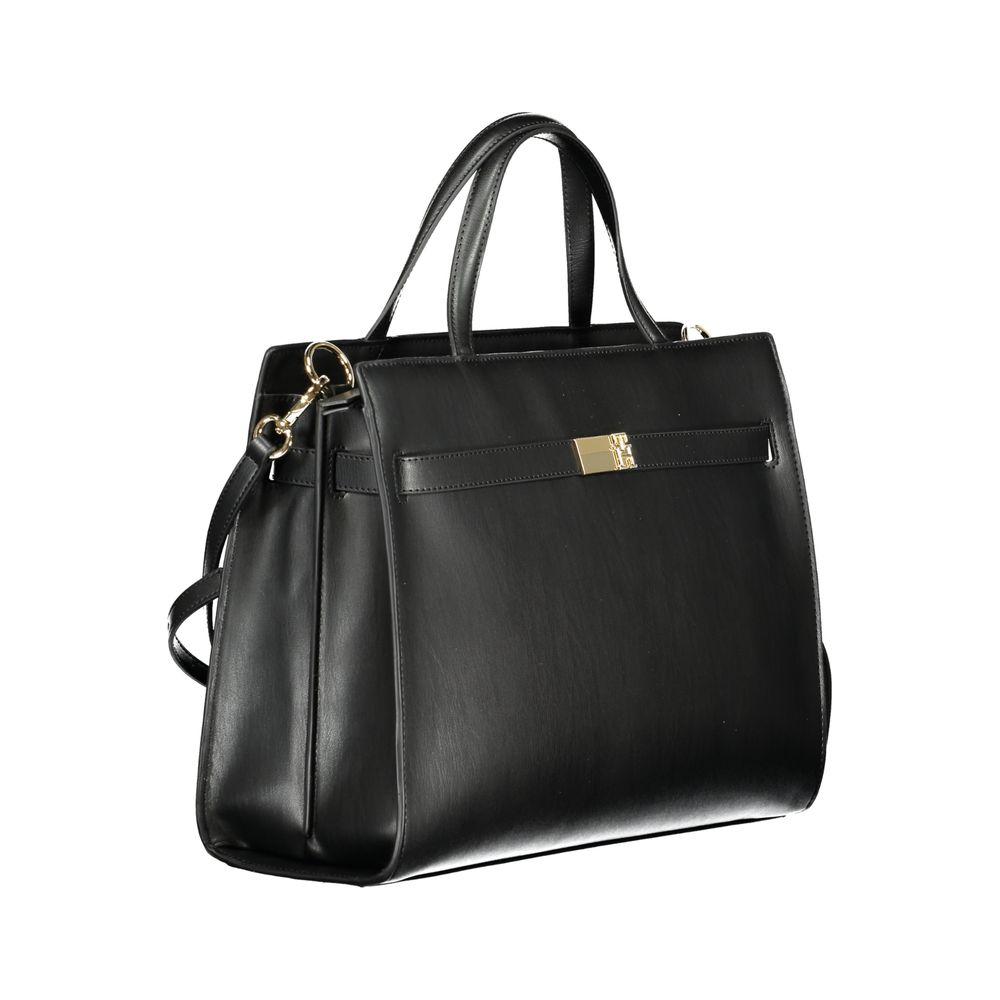 Tommy Hilfiger black polyethylene women's handbag with handles and shoulder strap, featuring spacious compartments.