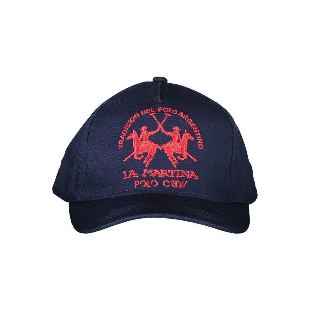 La Martina blue cotton cap with red embroidery, contrasting details, and logo on visor, perfect for stylish polo enthusiasts.