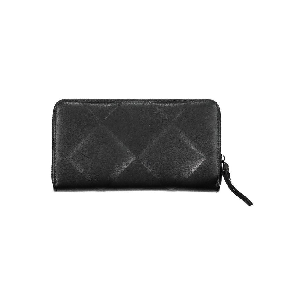 Calvin Klein sleek black RFID blocking wallet with logo, featuring zip closure and multiple compartments for cards and coins.