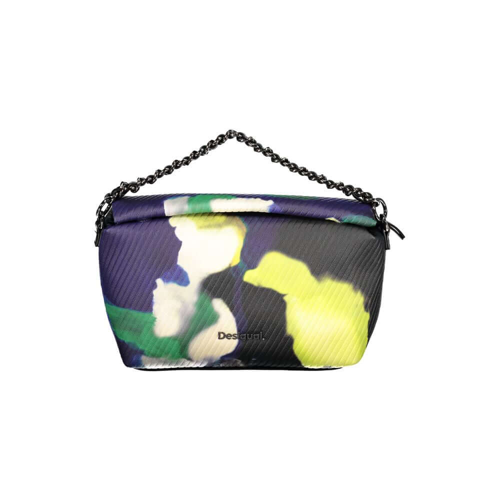 Desigual black polyethylene handbag with removable chain handle, adjustable strap, internal pocket, and colorful design.