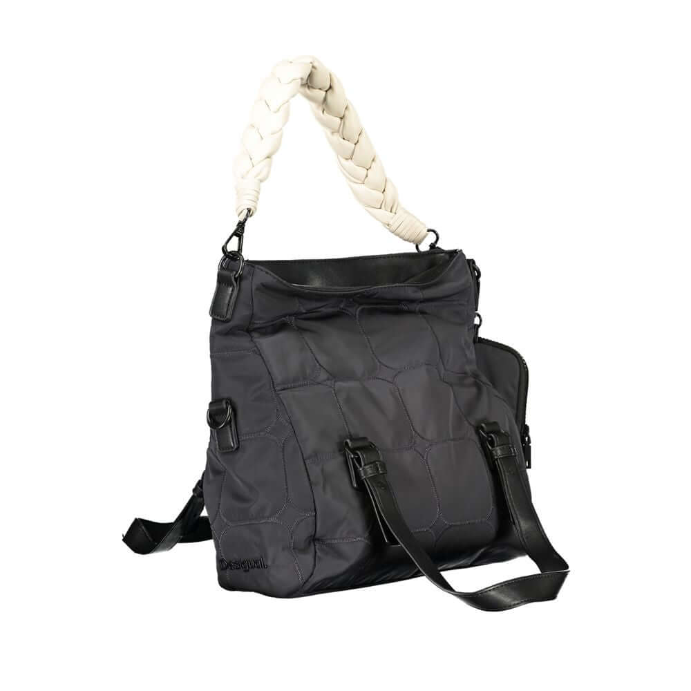 Desigual black polyester handbag with braided handles, removable shoulder strap, external pocket, and zip closure