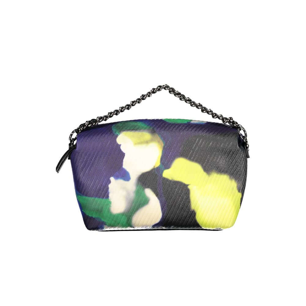 Desigual black polyethylene handbag with removable chain handle, adjustable shoulder strap, vibrant floral pattern, and contrast details.