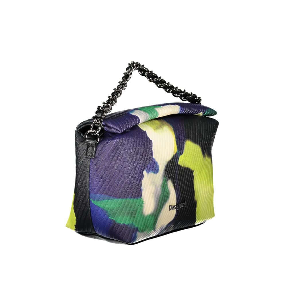 Desigual black polyethylene handbag with removable chain handle, adjustable strap, internal pocket, contrast details, and logo.