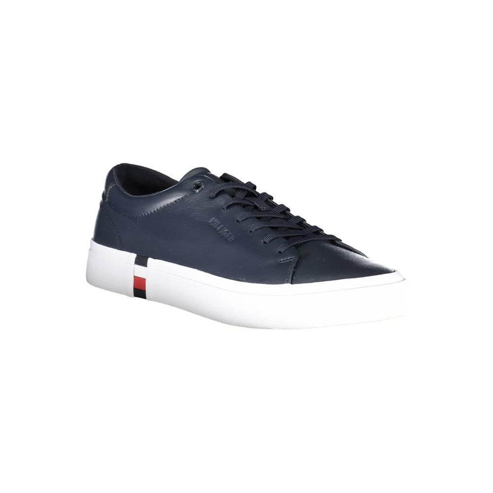 Tommy Hilfiger blue leather men's sneaker with a white sole and signature logo accents, showcasing style and eco-friendly design.