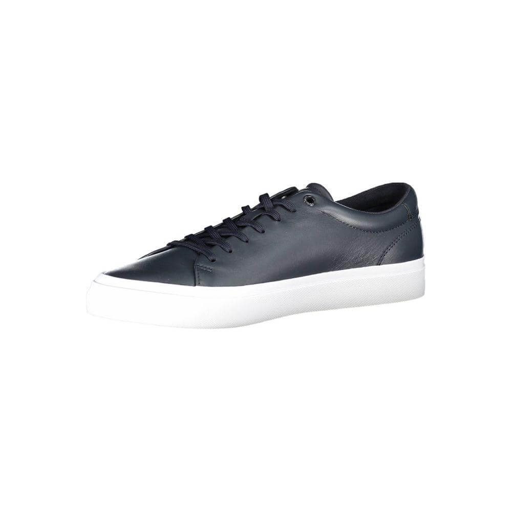 Tommy Hilfiger blue leather men's sneaker with white sole, featuring a sleek design and eco-conscious materials.