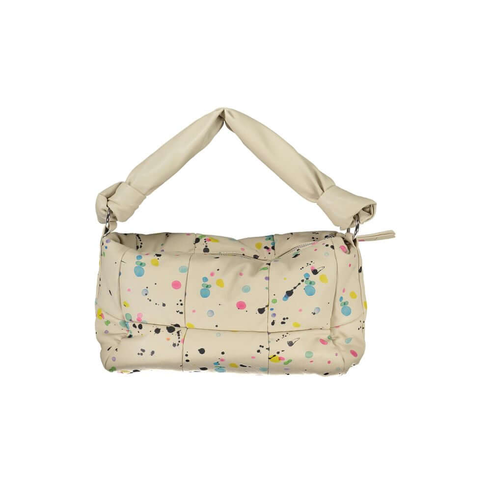 Desigual beige polyethylene handbag with colorful splashes, adjustable handle, removable strap, zip closure, and internal pocket.