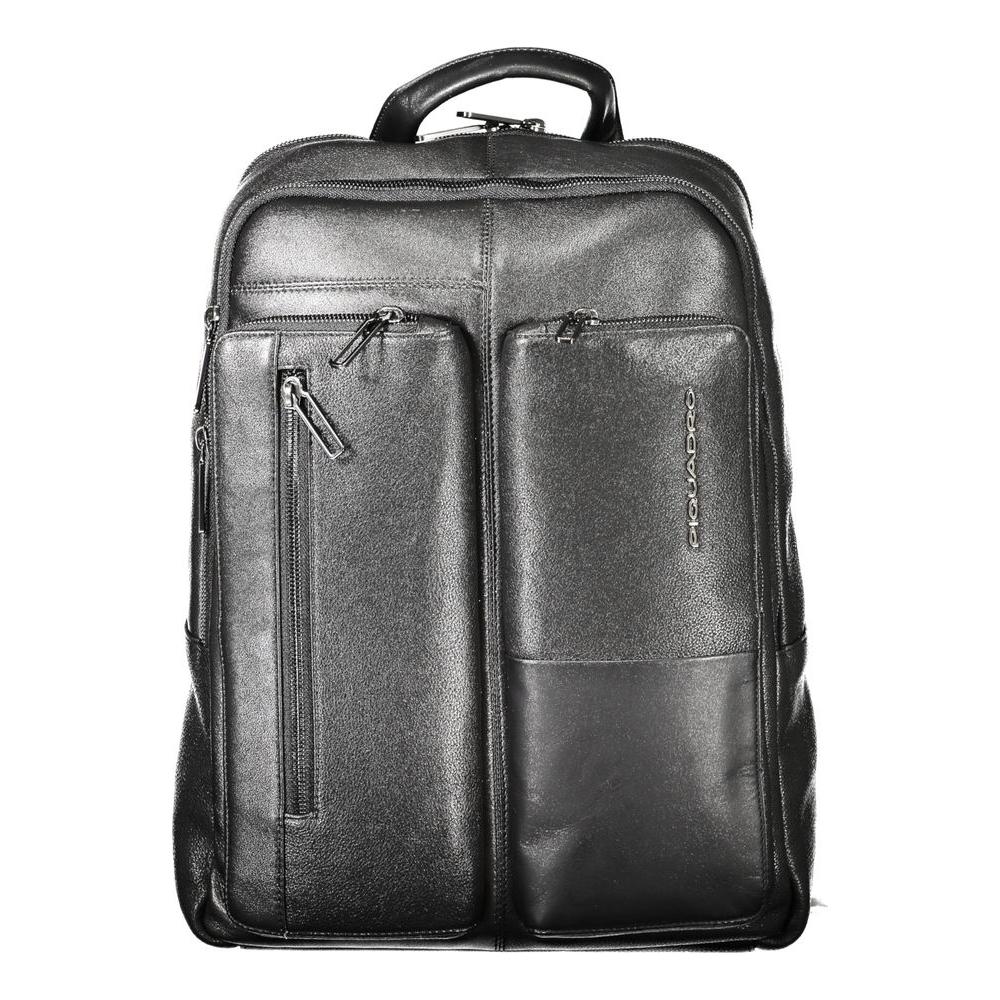 Piquadro black leather men's backpack with contrasting details and logo, featuring multiple pockets and laptop space for urban commuters.