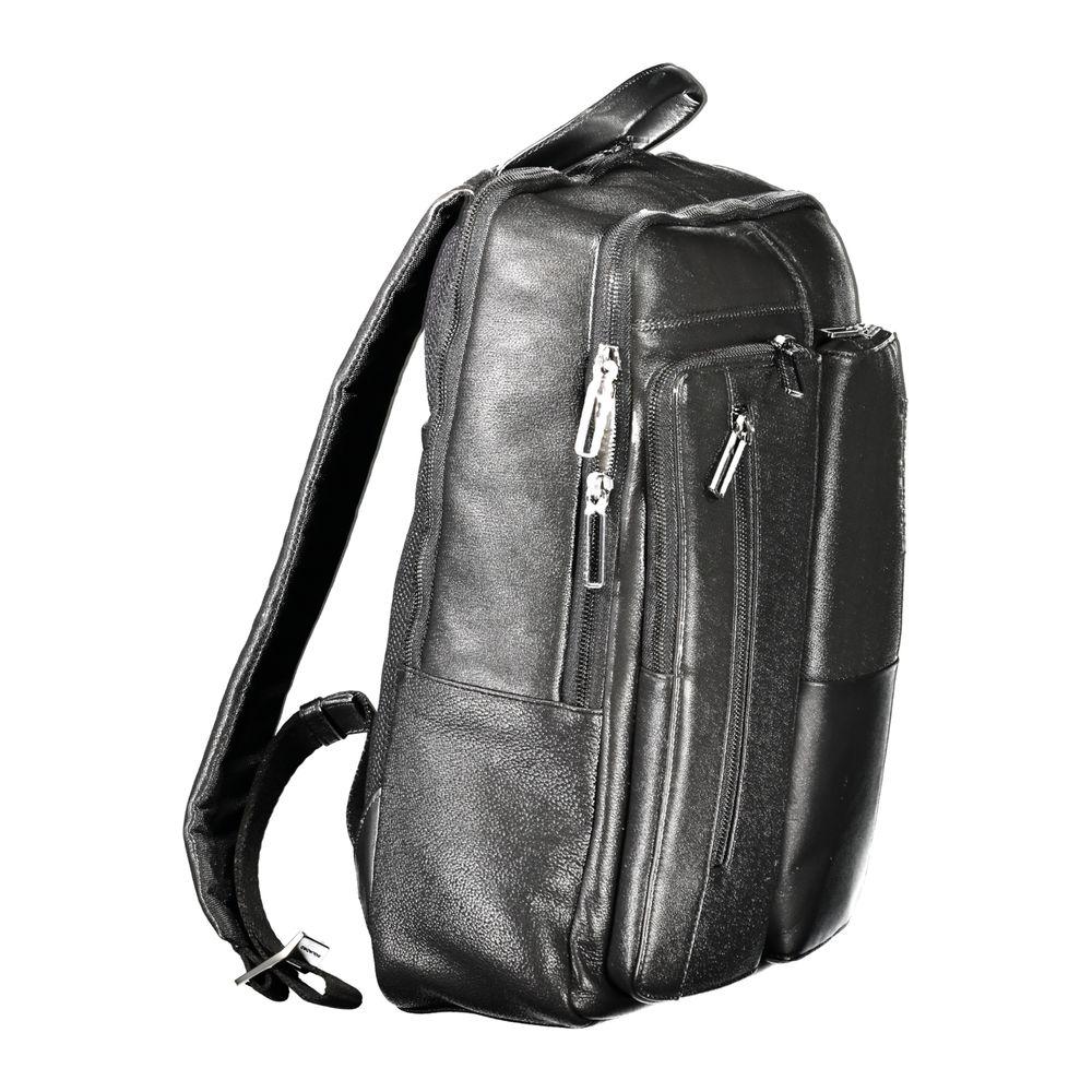 Piquadro black leather men's backpack with multiple pockets, sleek design, and iconic logo for professional and organized style.