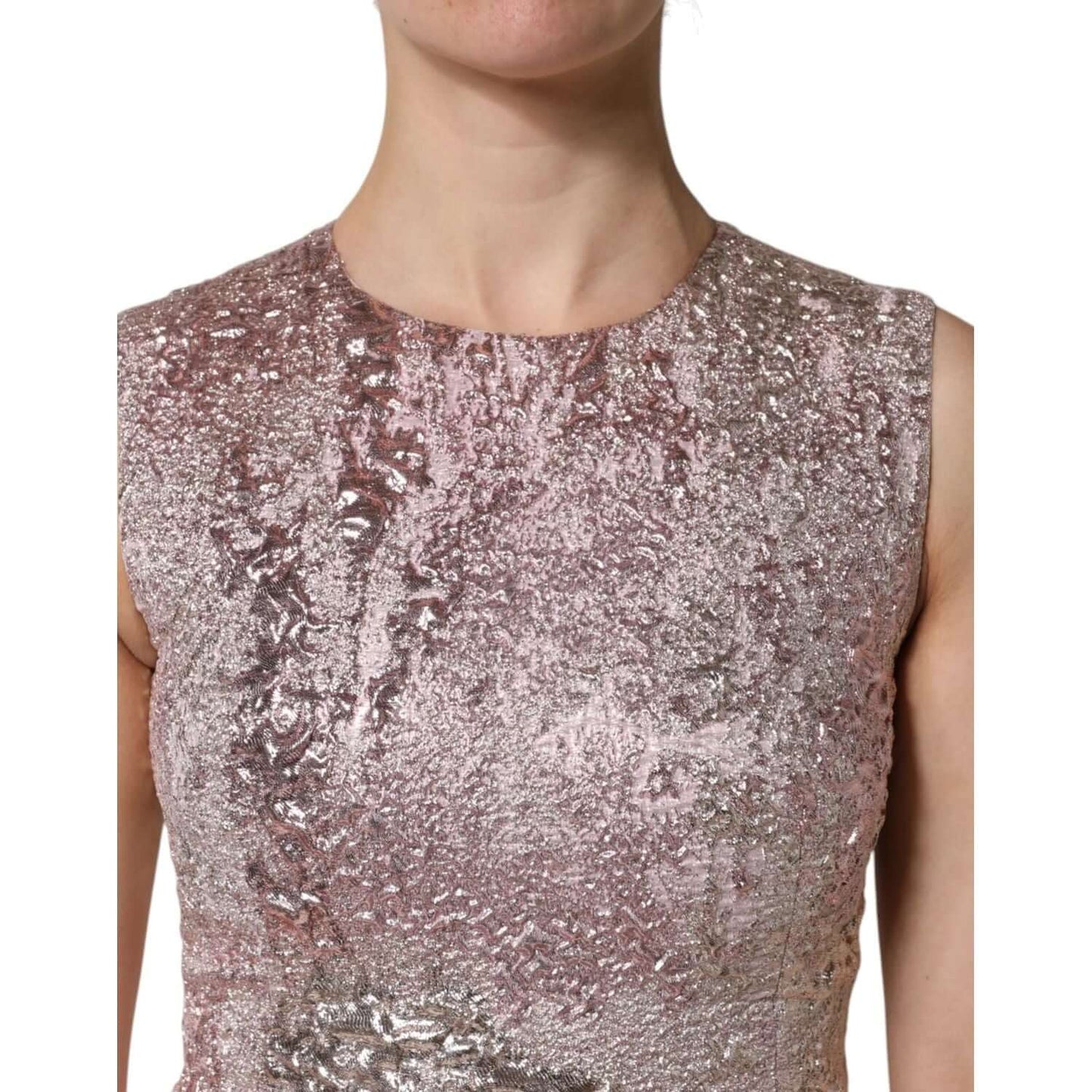 Dolce & Gabbana Pink Jacquard Sleeveless Sheath Mini Dress with zipper closure and silk lining, displaying luxurious craftsmanship.