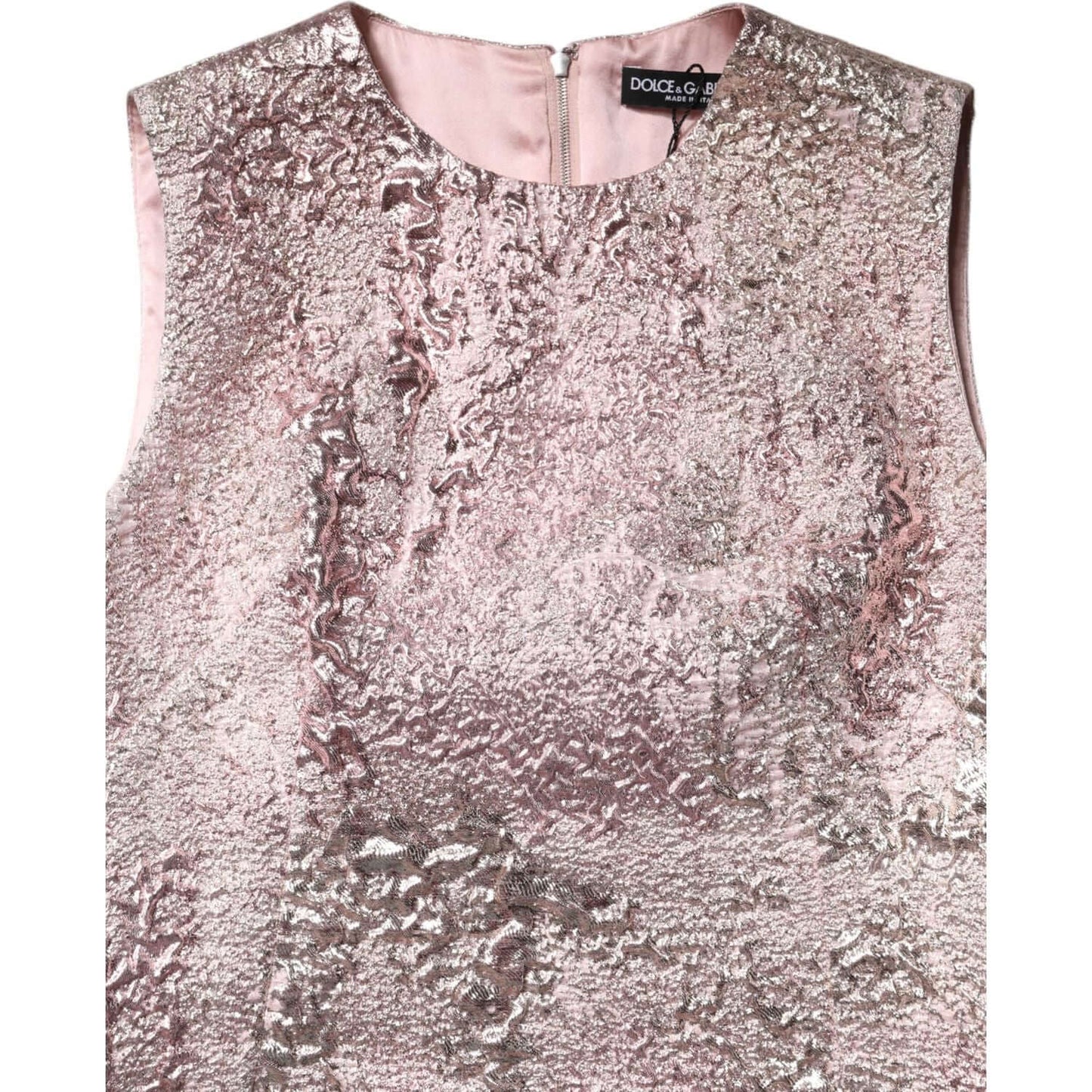 Dolce & Gabbana pink jacquard sleeveless mini dress with zipper, featuring intricate texture, made of polyester blend, Italy.
