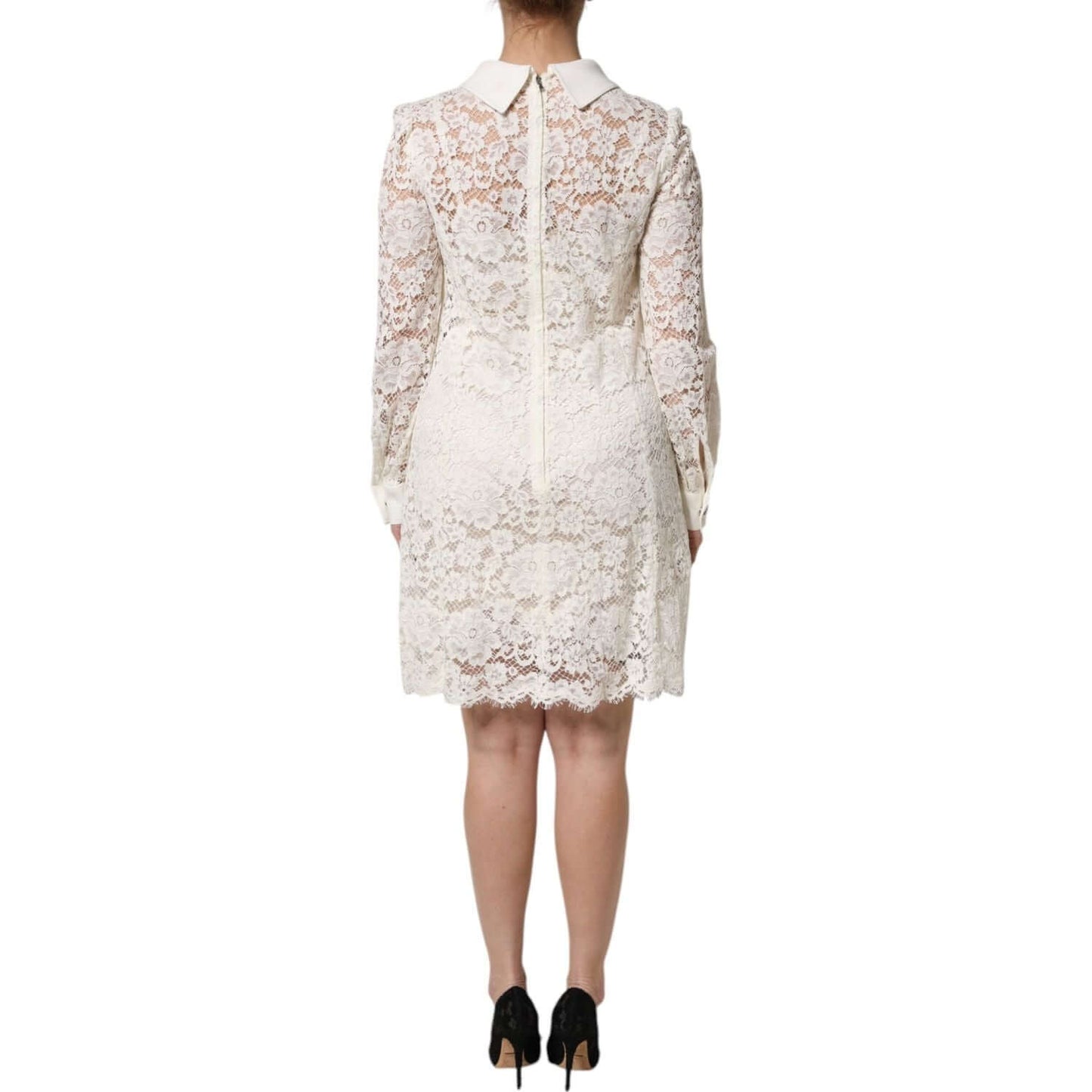 Back view of Dolce & Gabbana white floral lace long sleeves shift dress, featuring zipper closure and intricate craftsmanship.