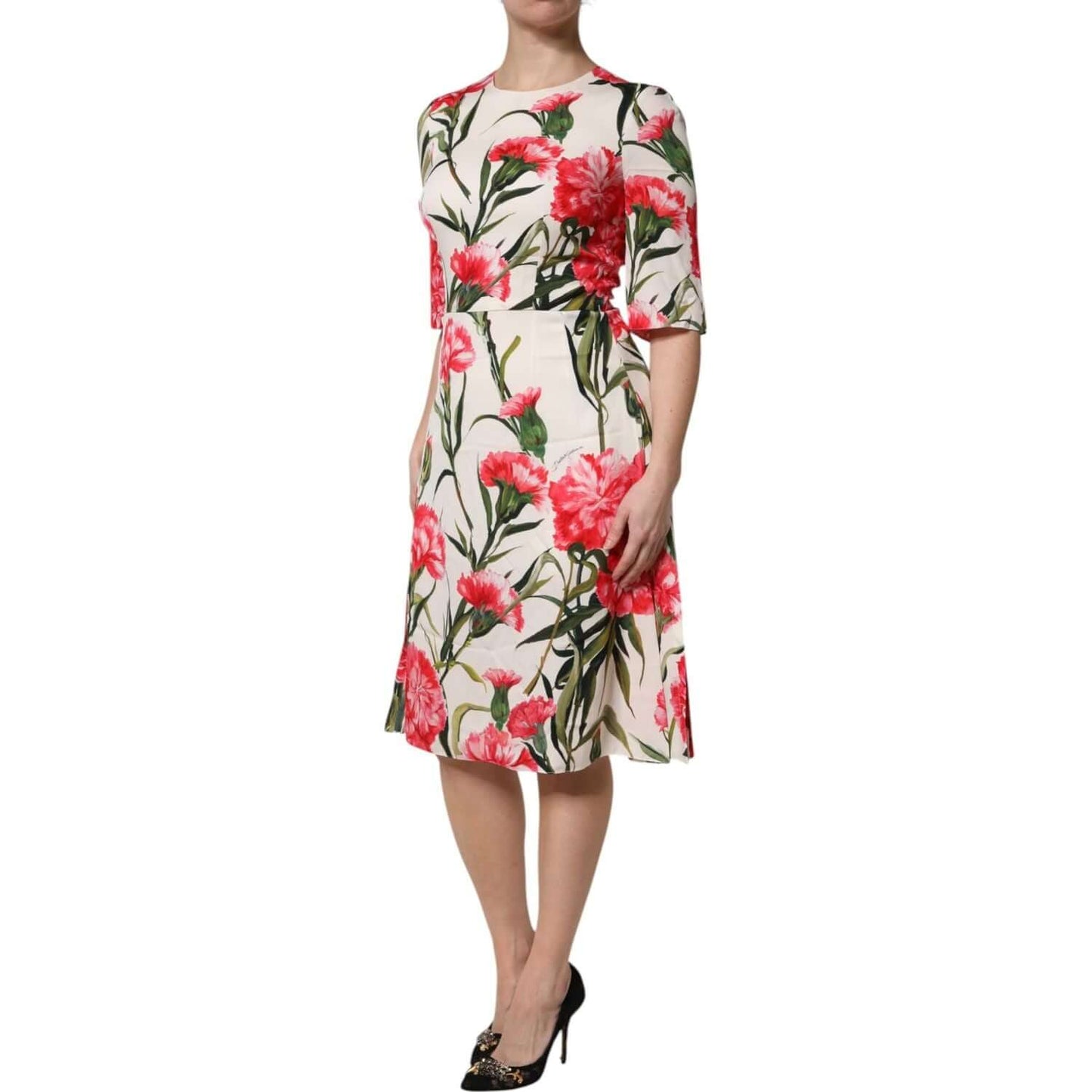 Dolce & Gabbana pink floral print sheath dress with short sleeves, made of silk blend, featuring elegant A-line design.
