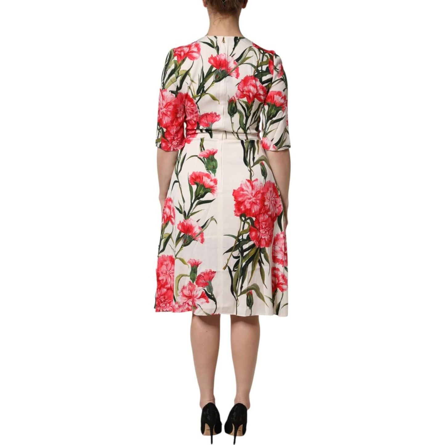 Back view of Dolce & Gabbana pink floral print sheath dress with short sleeves, made from silk, featuring elegant A-line design.