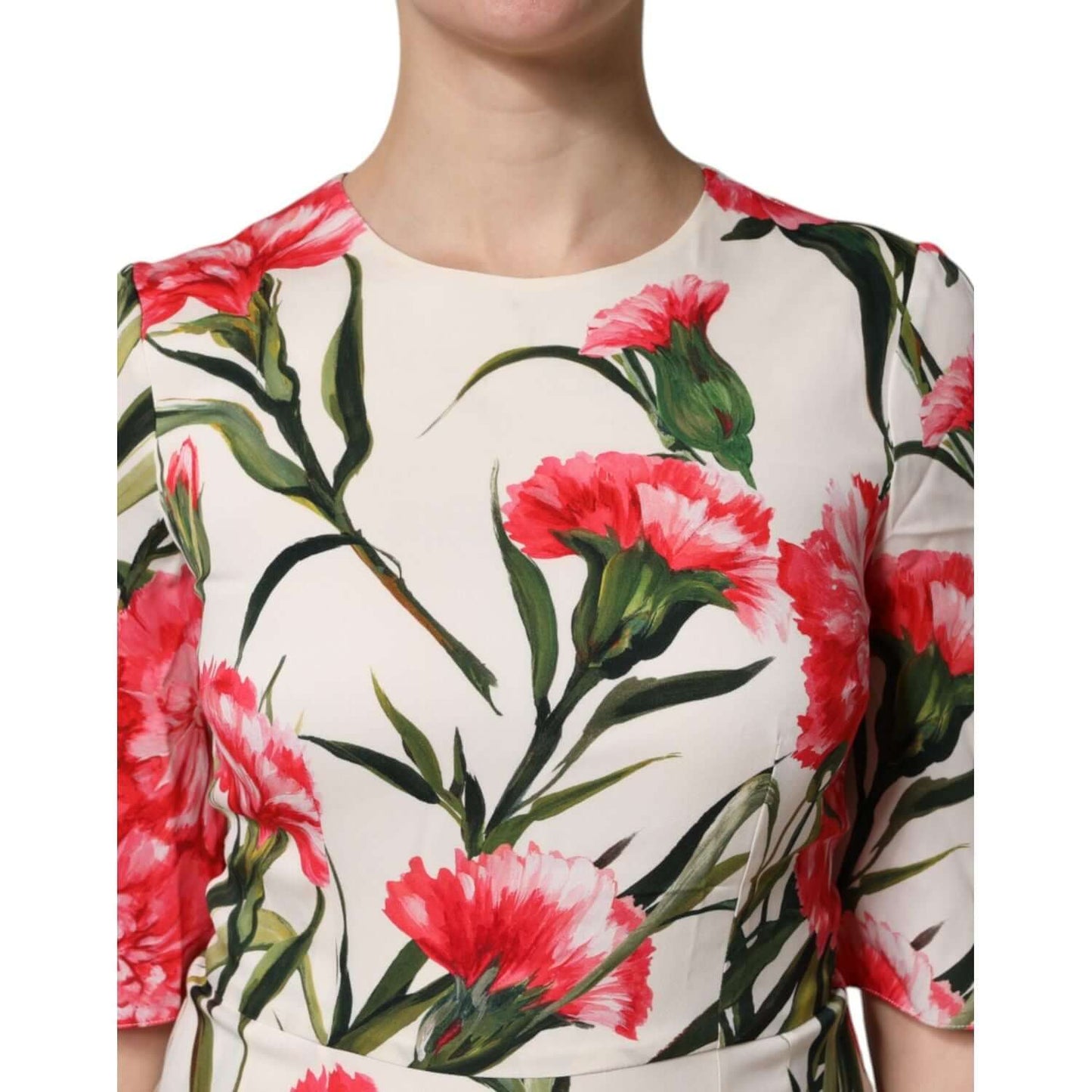 Dolce & Gabbana pink floral print sheath dress with short sleeves, featuring vibrant red and green flowers. Made of silk and elastane.