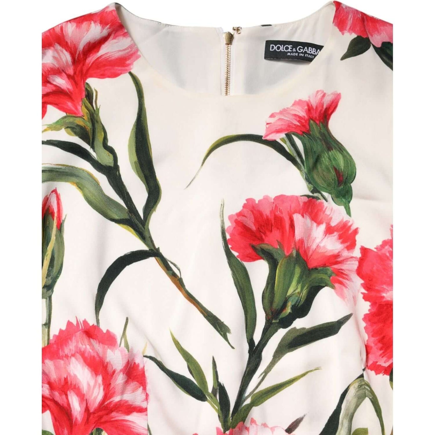 Dolce & Gabbana pink floral print short sleeves sheath dress with zipper closure and makeup stains on neckline.