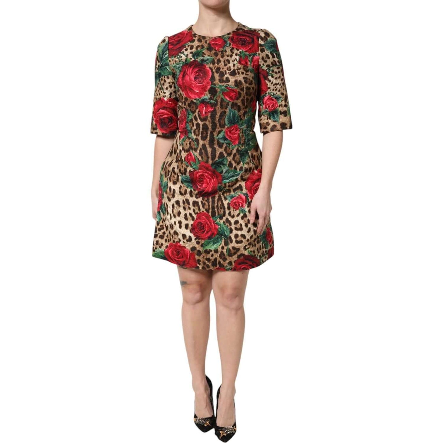 Dolce & Gabbana brown leopard print mini dress with red rose floral design, short sleeves, zipper back, featuring logo details.