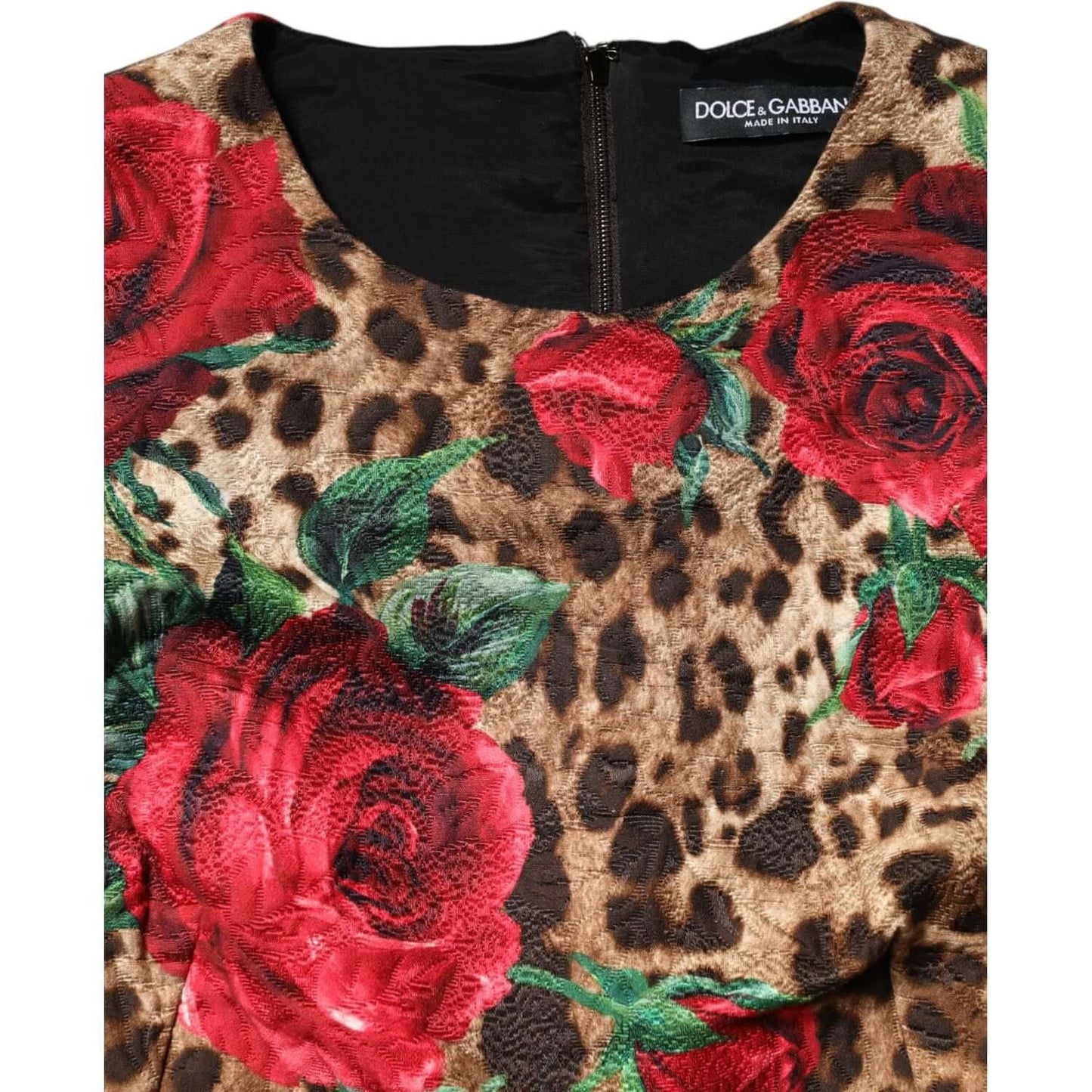 Dolce & Gabbana mini dress with brown leopard and red rose print, featuring short sleeves and a back zipper closure.