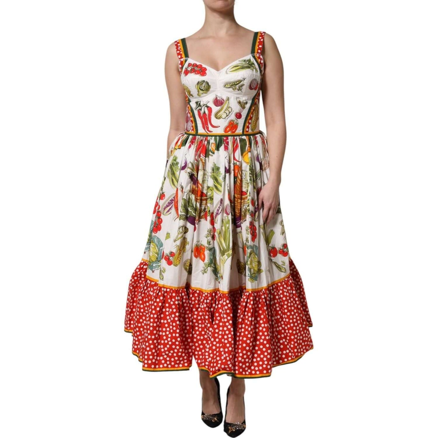 Dolce & Gabbana white sleeveless A-line midi dress with vegetable print and red polka dot hem, 100% cotton, luxurious design.