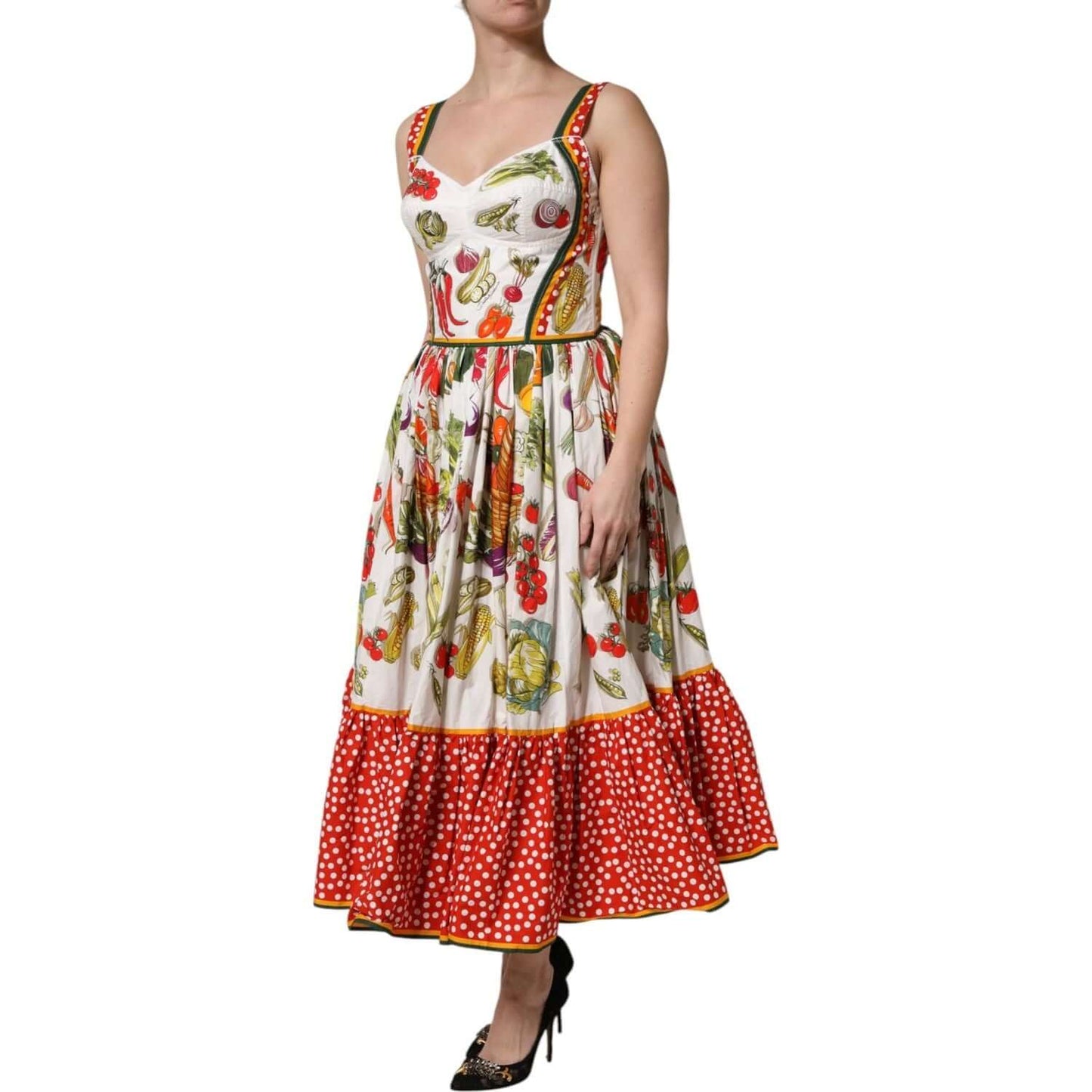 Dolce & Gabbana sleeveless white A-line midi dress with vegetable print, 100% cotton, zipper closure, crafted in Italy.