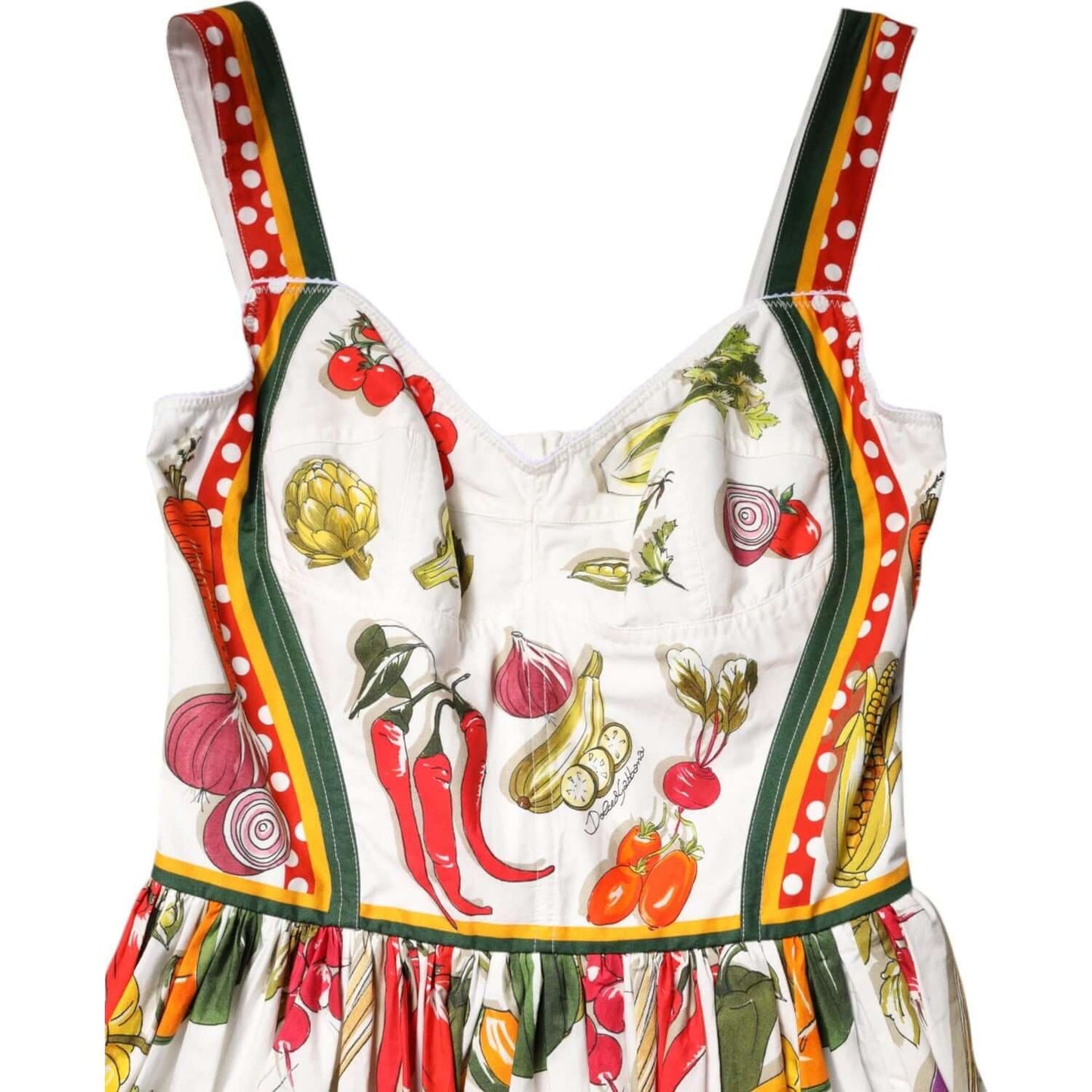 Dolce & Gabbana white sleeveless midi dress with vegetable print and A-line design, featuring colorful patterns, made of 100% cotton.