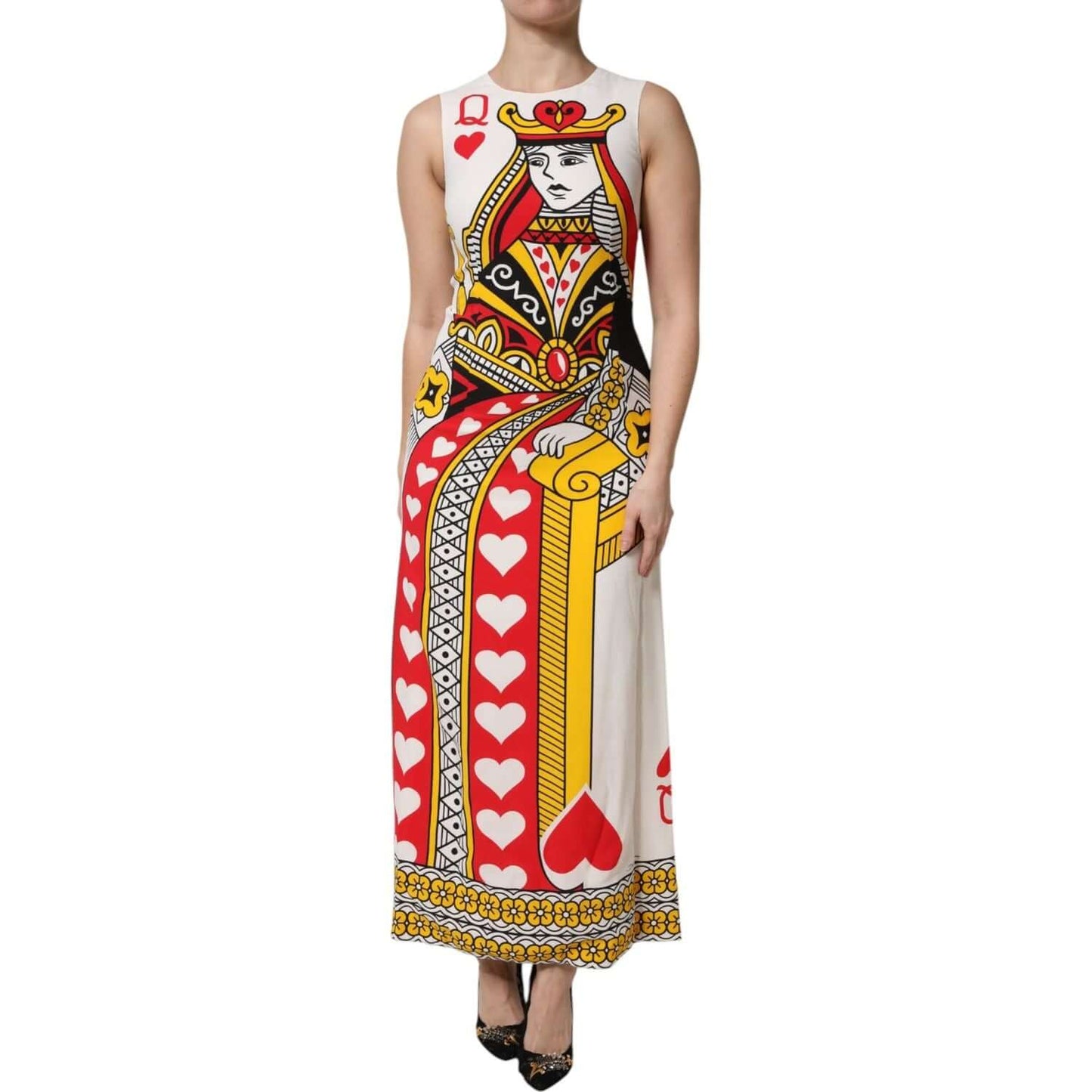 Dolce & Gabbana White Queen of Hearts Sleeveless Maxi Dress in silk blend with bold red and black print.