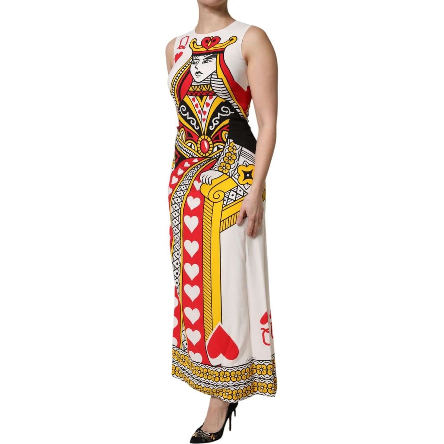 Dolce & Gabbana white Queen of Hearts sleeveless maxi dress in silk, featuring vibrant playing card print. Made in Italy.