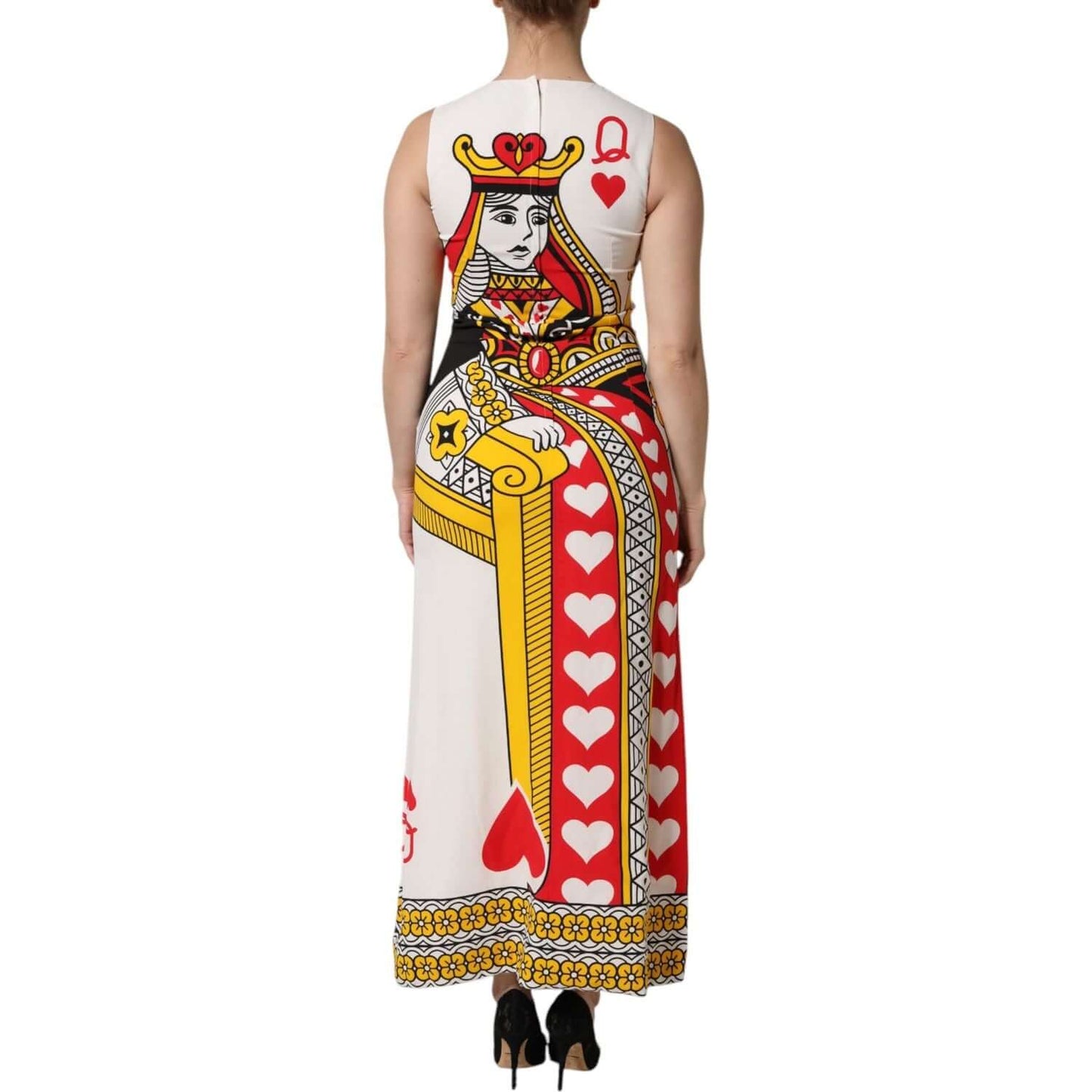 Dolce & Gabbana White Queen of Hearts Sleeveless Maxi Dress with vibrant card print design, made of silk and elastane, back view