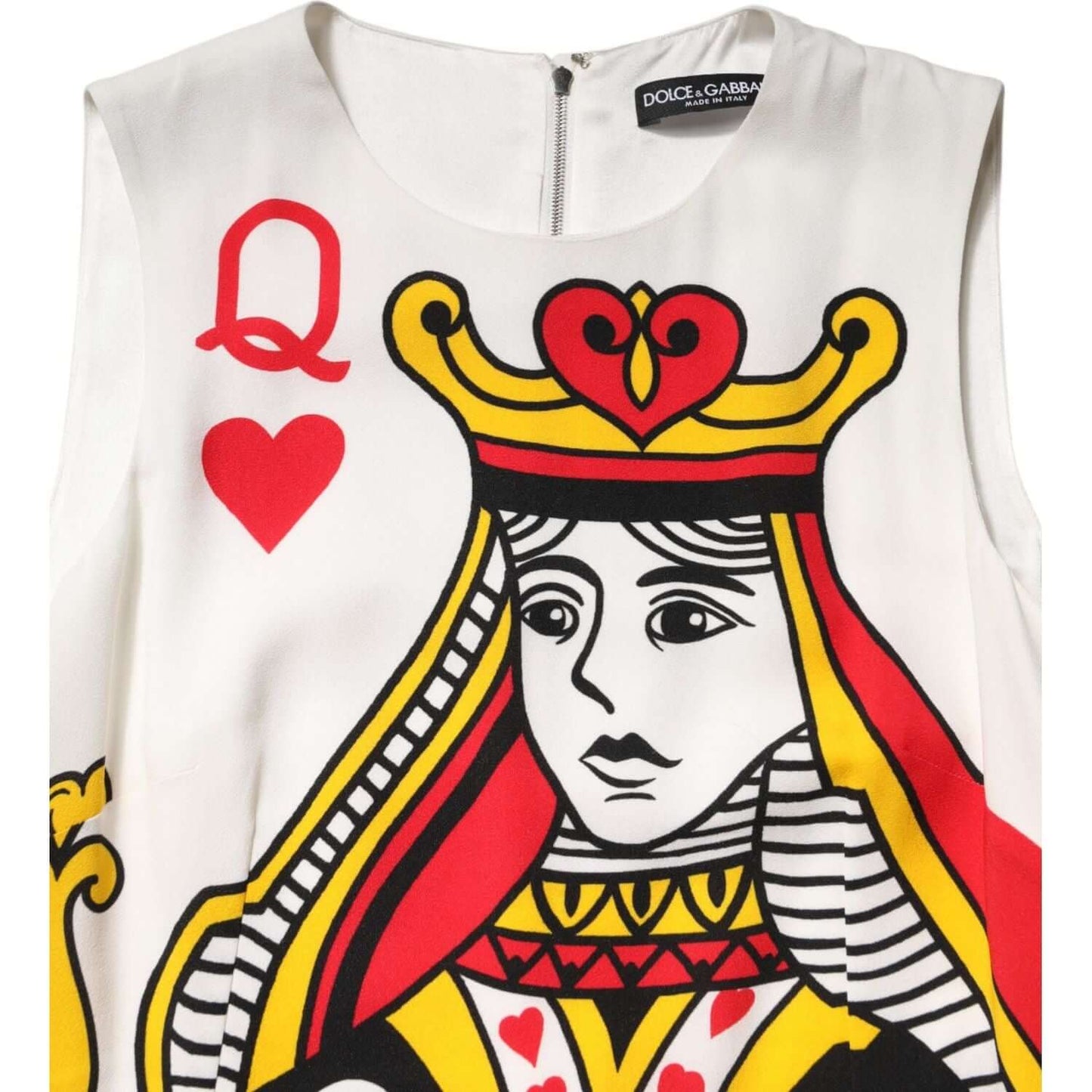 Dolce & Gabbana sleeveless maxi dress with Queen Of Hearts print in white silk, featuring zipper closure and logo detail.