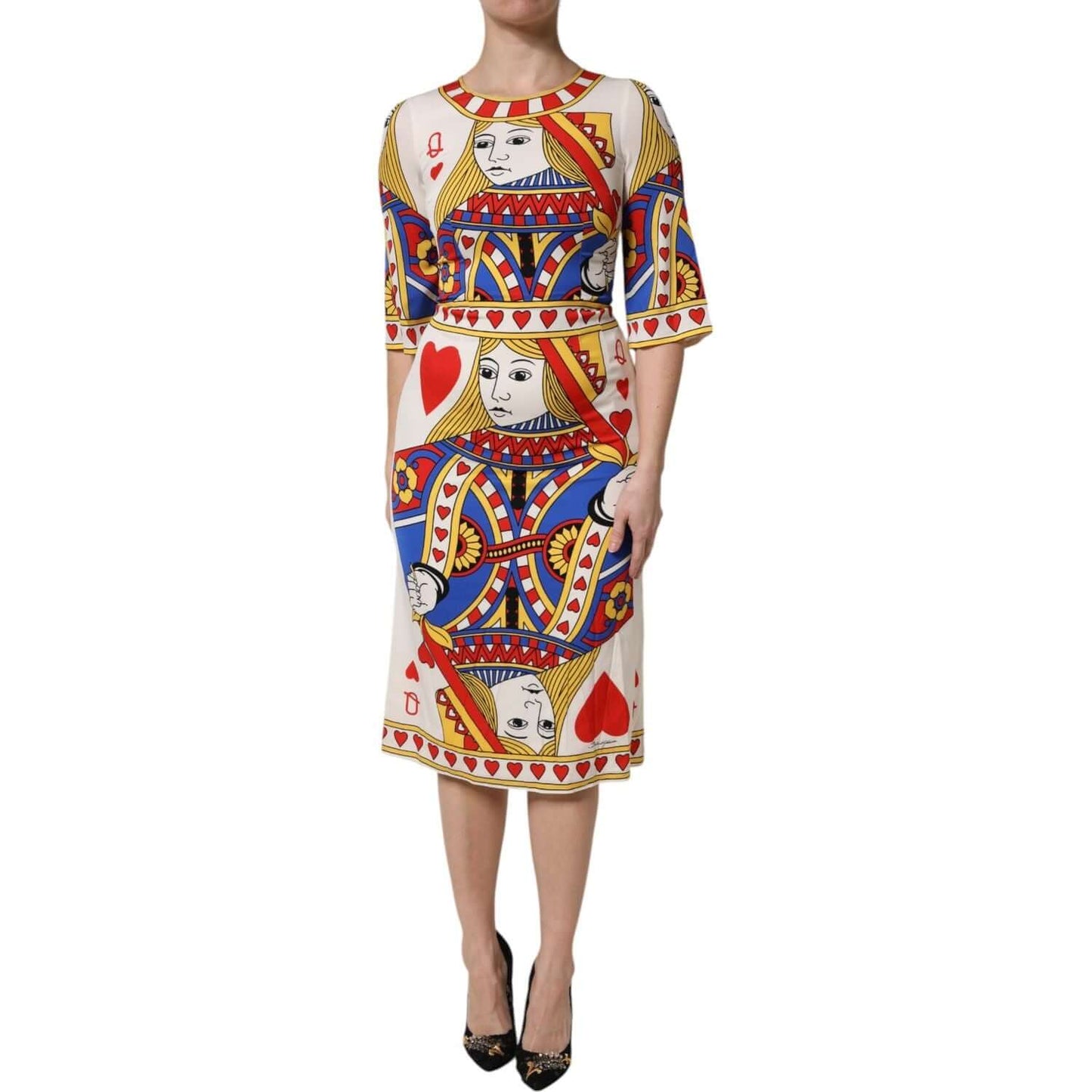 Dolce & Gabbana White Queen Of Heart printed short sleeve midi dress in silk-elastane blend with zipper closure, made in Italy.