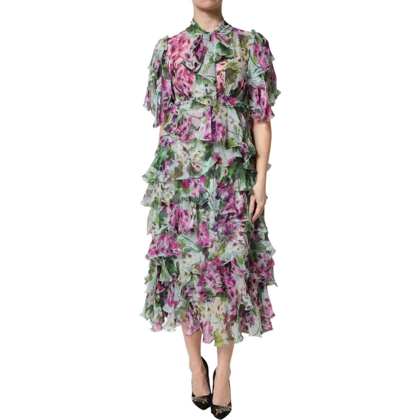 Dolce & Gabbana multicolor floral silk midi dress with layered design, made in Italy.