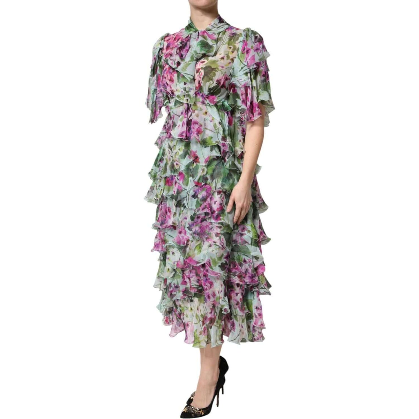 Dolce & Gabbana multicolor floral silk midi layered dress, 100% silk, zipper closure, made in Italy, exclusive high craftsmanship.
