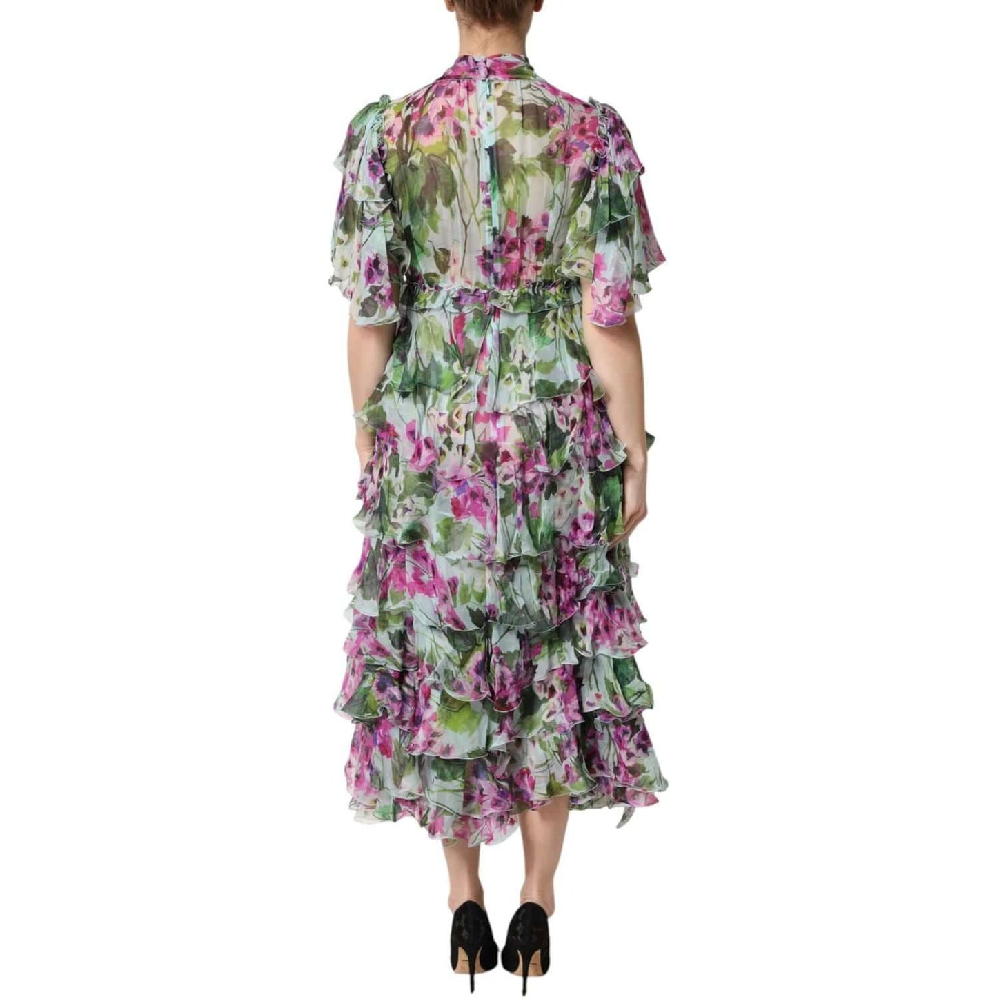 Back view of Dolce & Gabbana multicolor floral silk midi dress with layered ruffles, showcasing elegant design and craftsmanship.