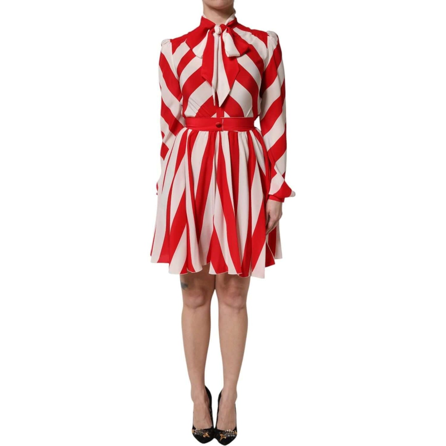 Dolce & Gabbana white and red striped mini dress with long sleeves and ascot collar, featuring a luxurious silk material.