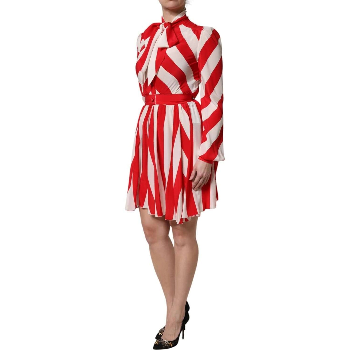 Dolce & Gabbana white and red striped silk mini dress with long sleeves and ascot collar, featuring exclusive Italian craftsmanship.