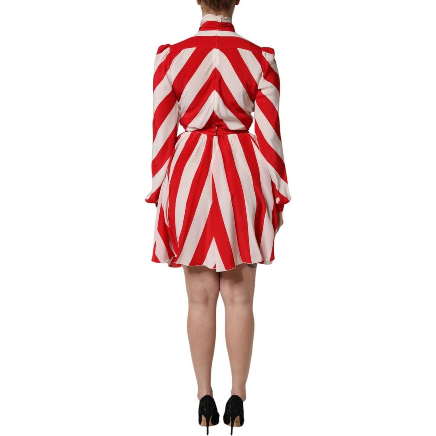 Dolce & Gabbana white red striped silk mini dress with long sleeves and ascot collar, shown from the back.