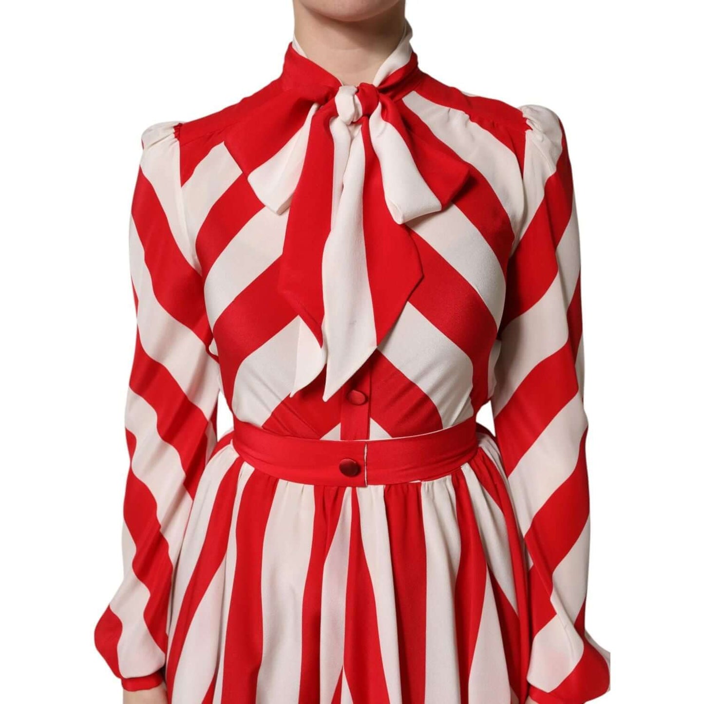 Dolce & Gabbana red and white striped silk mini dress with ascot collar and long sleeves, showcasing elegant Italian craftsmanship.
