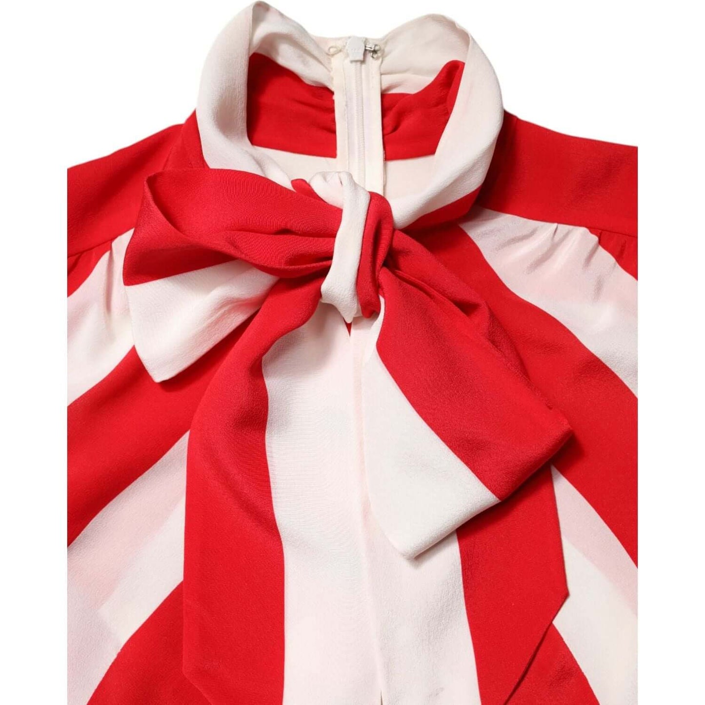Dolce & Gabbana white and red striped silk mini dress with ascot collar and long sleeves, featuring a zipper closure. Made in Italy.