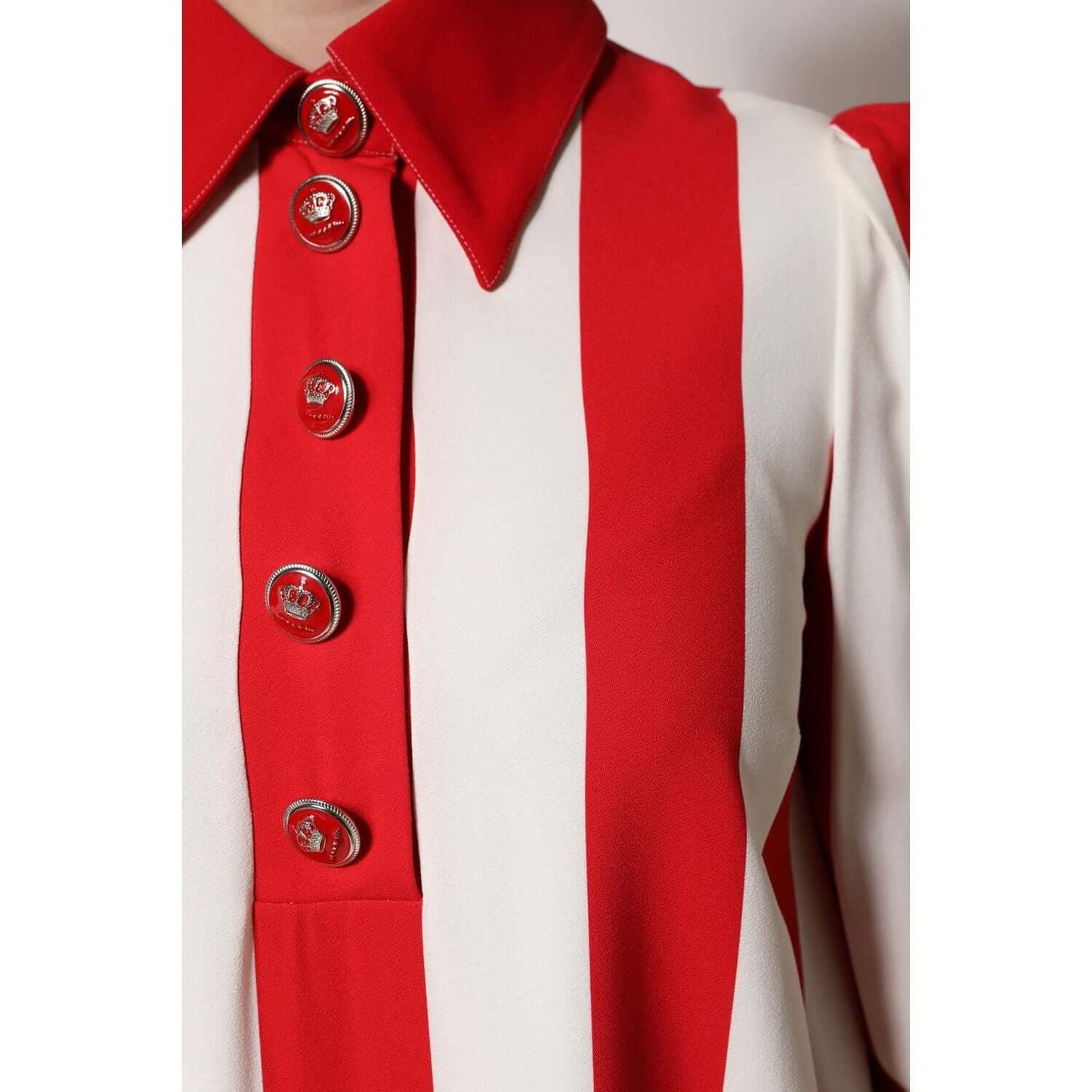 Dolce & Gabbana white and red striped mini dress with button details and collared neckline, featuring long sleeves. Made in Italy.