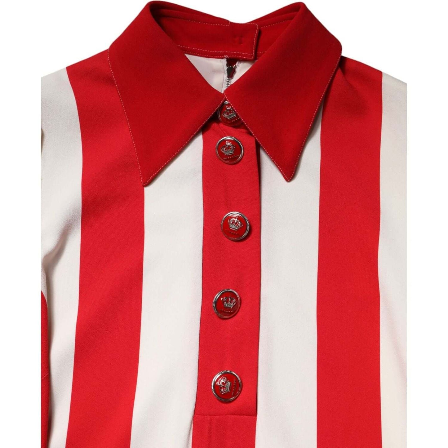 Dolce & Gabbana white and red striped mini dress with button detail and collared neckline, featuring long sleeves.