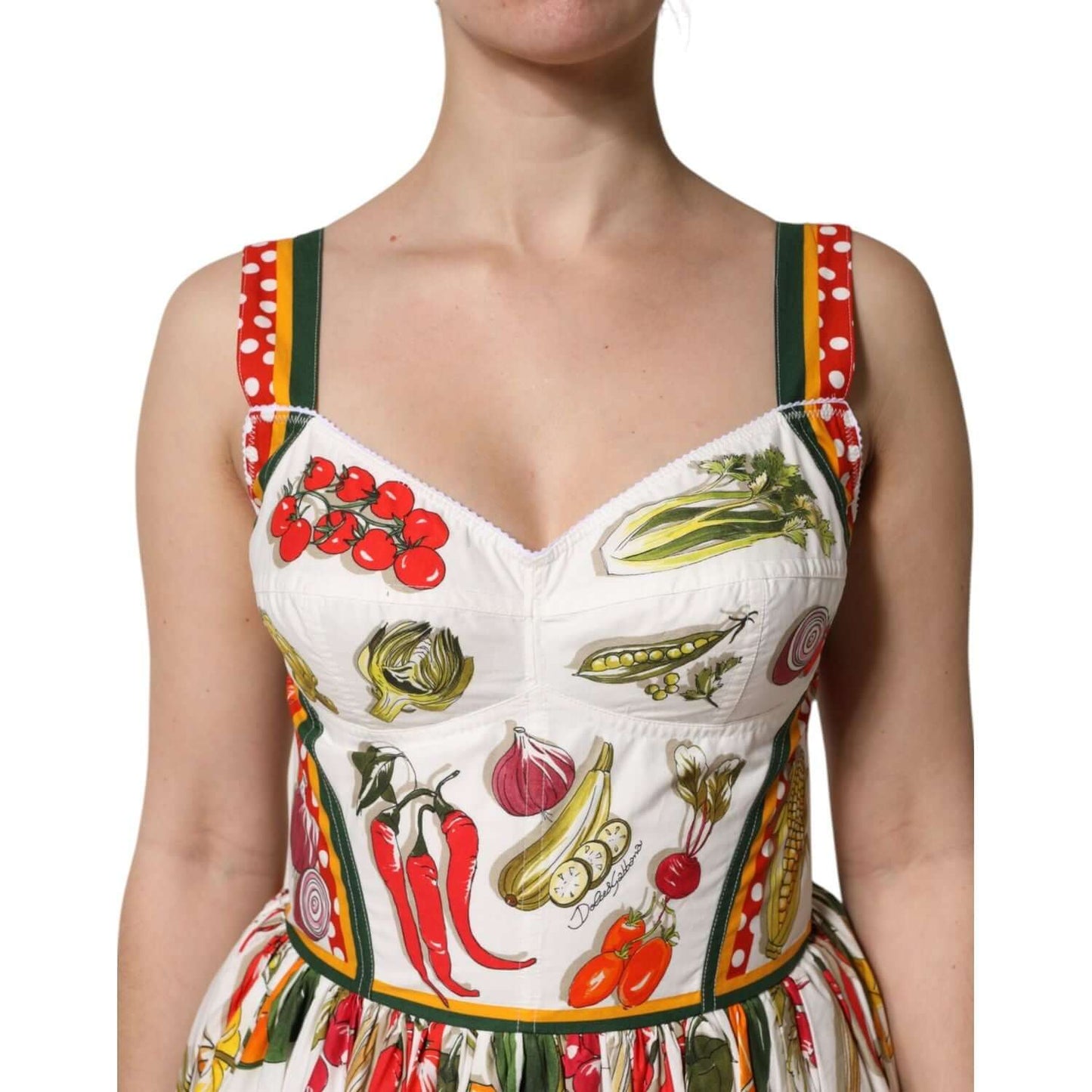 Dolce & Gabbana white sleeveless A-line dress with vegetable print, 100% cotton, zipper closure, made in Italy.