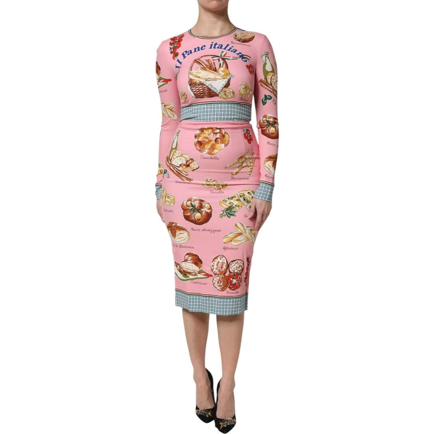 Dolce & Gabbana pink bodycon midi dress with pastry print, long sleeves, silk blend, made in Italy, exclusive designer fashion.