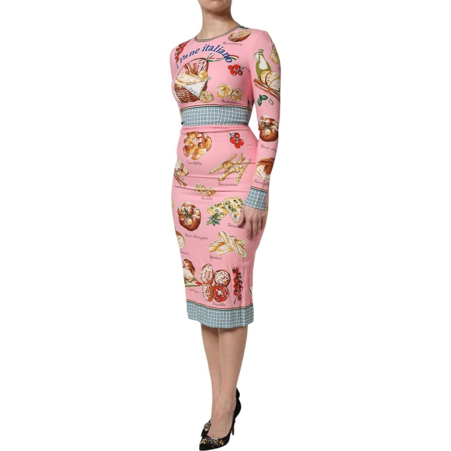 Dolce & Gabbana pink pastry print bodycon midi dress, long sleeve, featuring zipper closure, made in Italy, high-quality silk blend