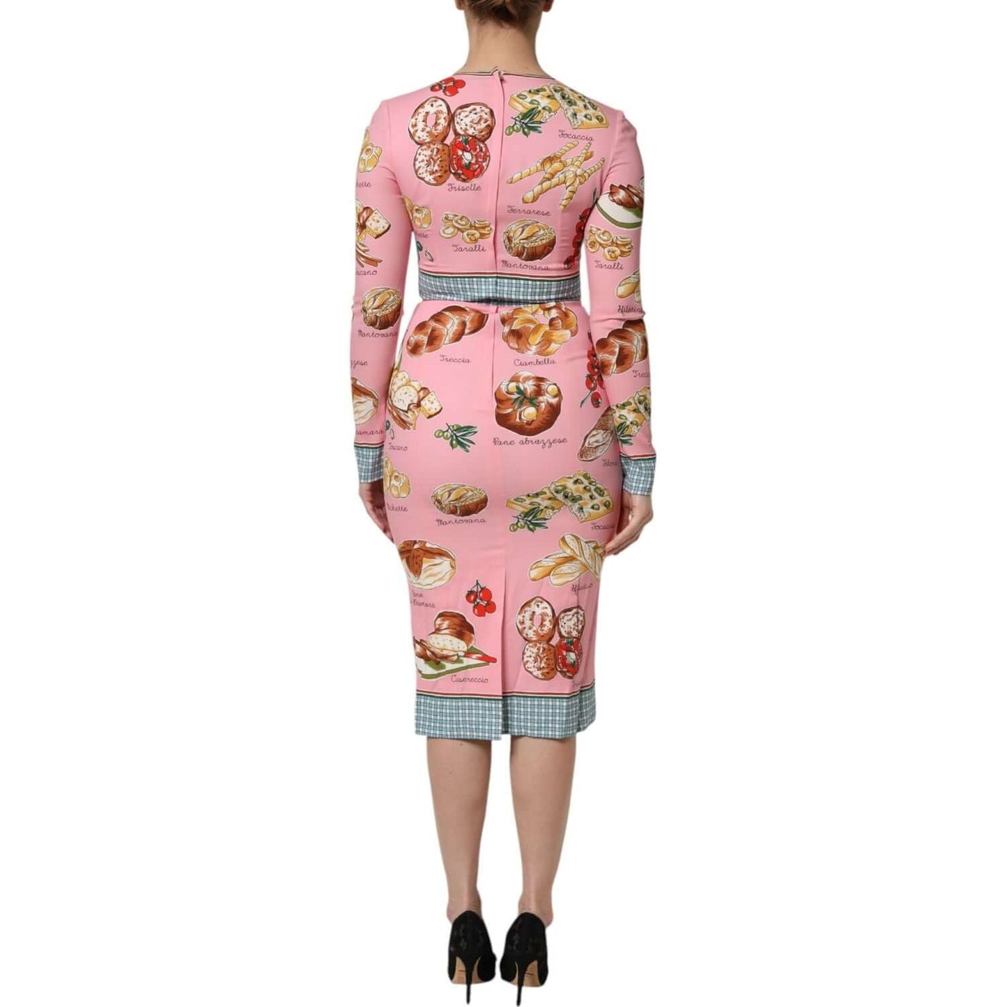 Dolce & Gabbana pink pastry print bodycon midi dress, long sleeve, silk blend, back view, luxury fashion, made in Italy.