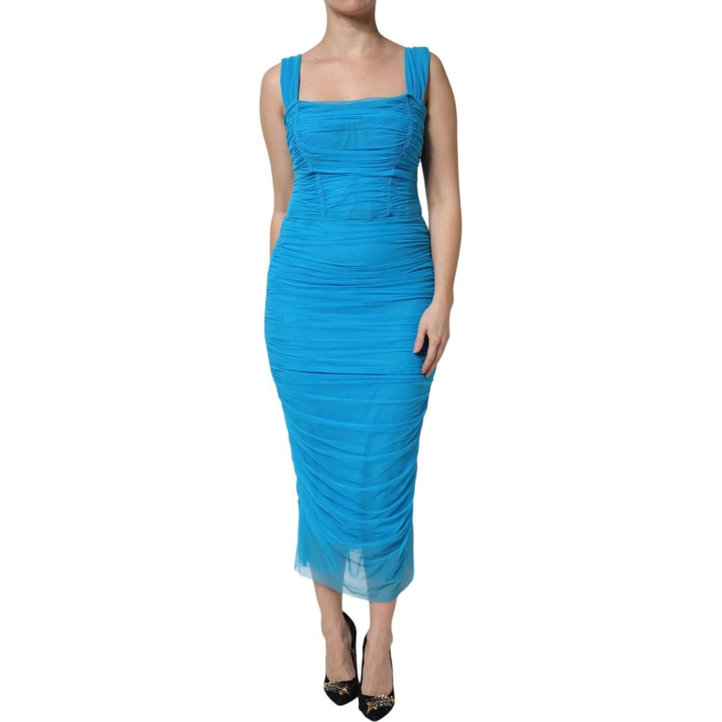 Dolce & Gabbana blue mesh sheath dress, ruched tulle, bodycon style, sleeveless, high craftsmanship, made in Italy, elegant design.