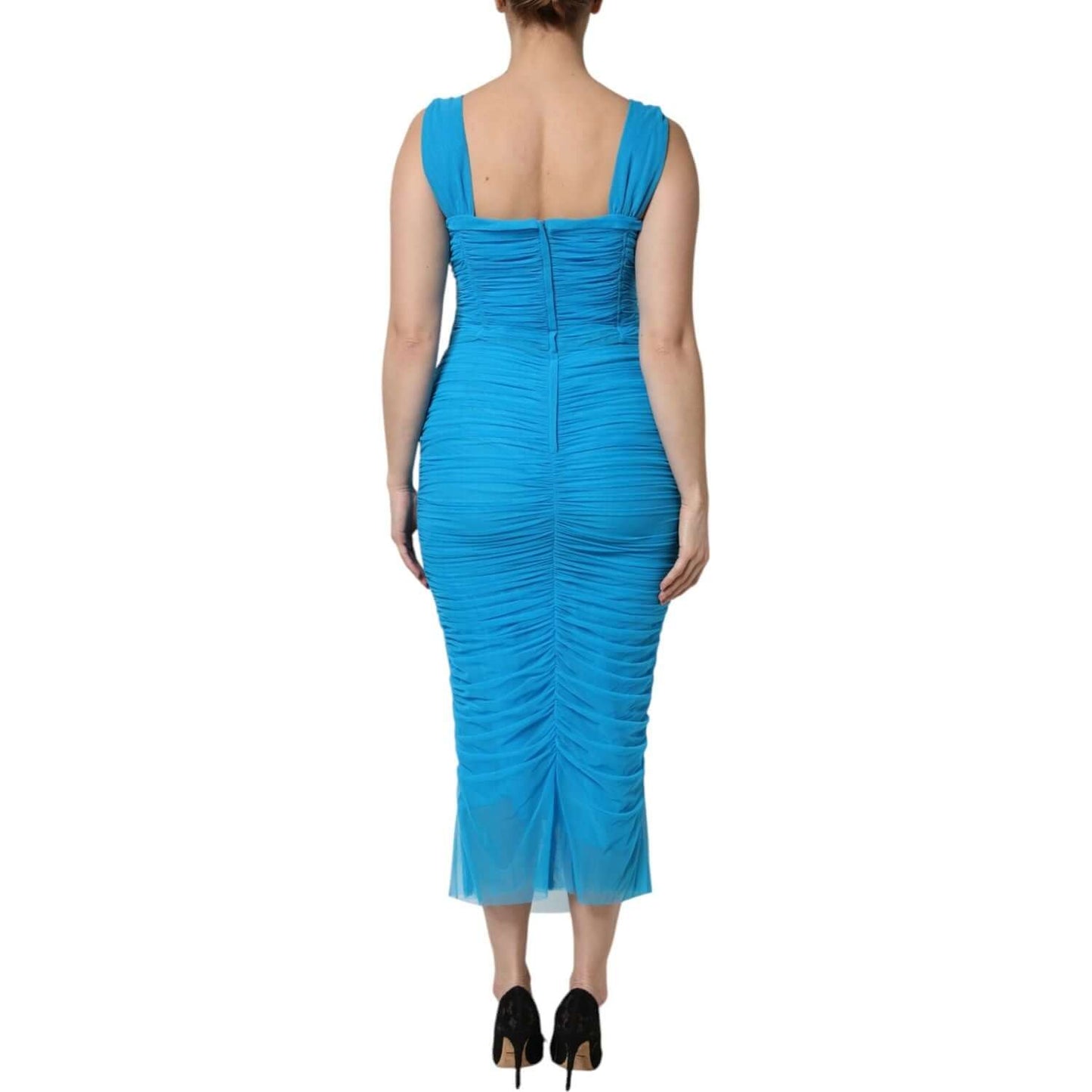 Back view of Dolce & Gabbana blue mesh trim ruched tulle bodycon dress, sleeveless with a zipper closure, made in Italy.