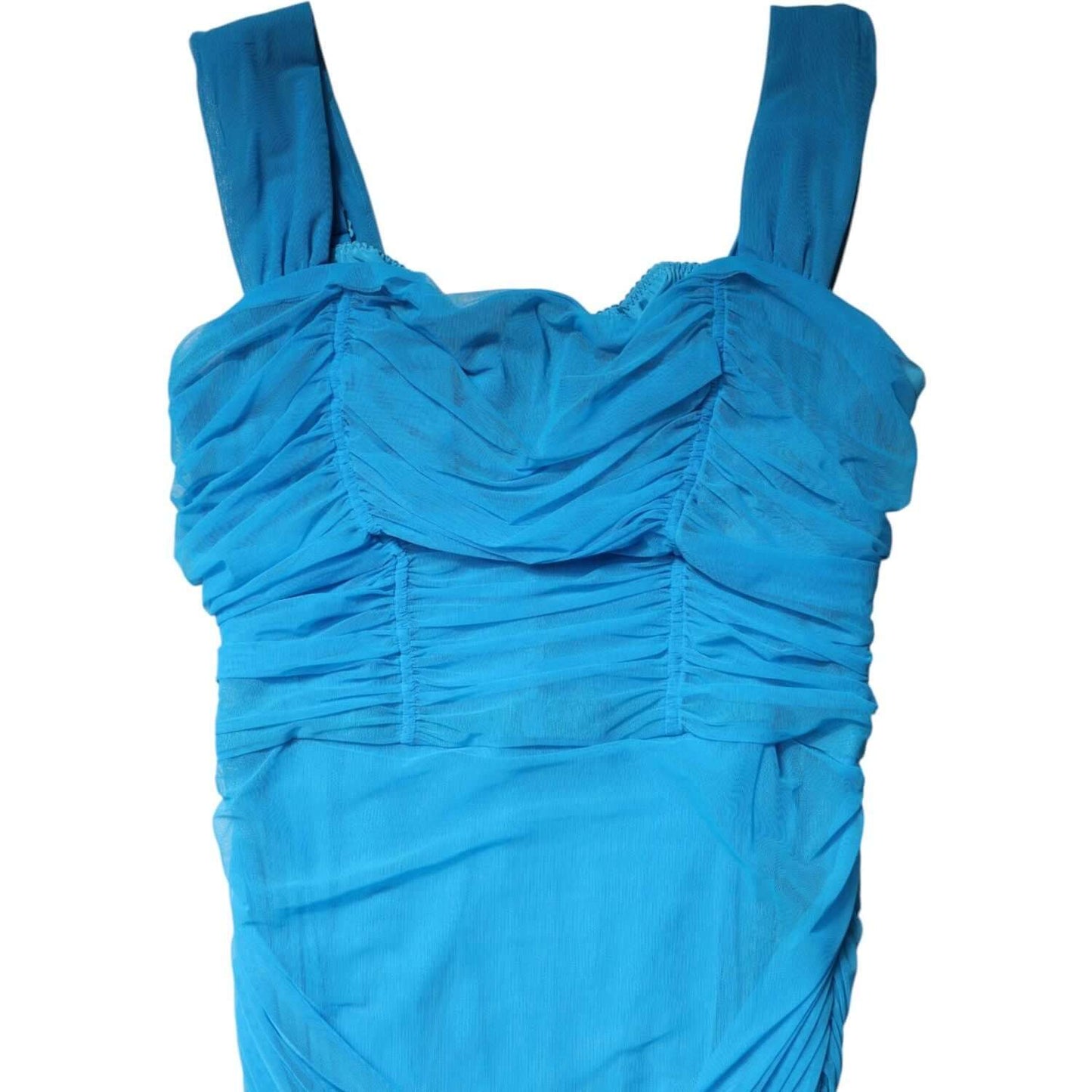 Dolce & Gabbana blue mesh trim ruched tulle sheath dress, sleeveless bodycon with exquisite craftsmanship, close-up view.