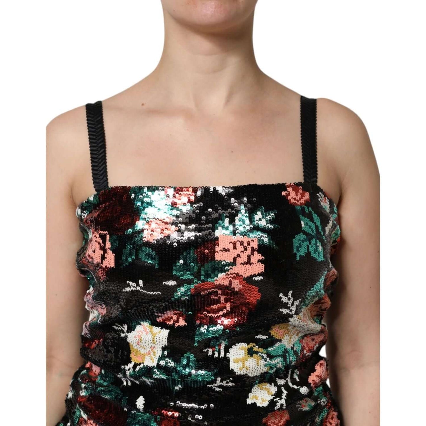 Dolce & Gabbana black floral sequin mini dress with sleeveless design, featuring luxurious craftsmanship and exclusive style made in Italy.