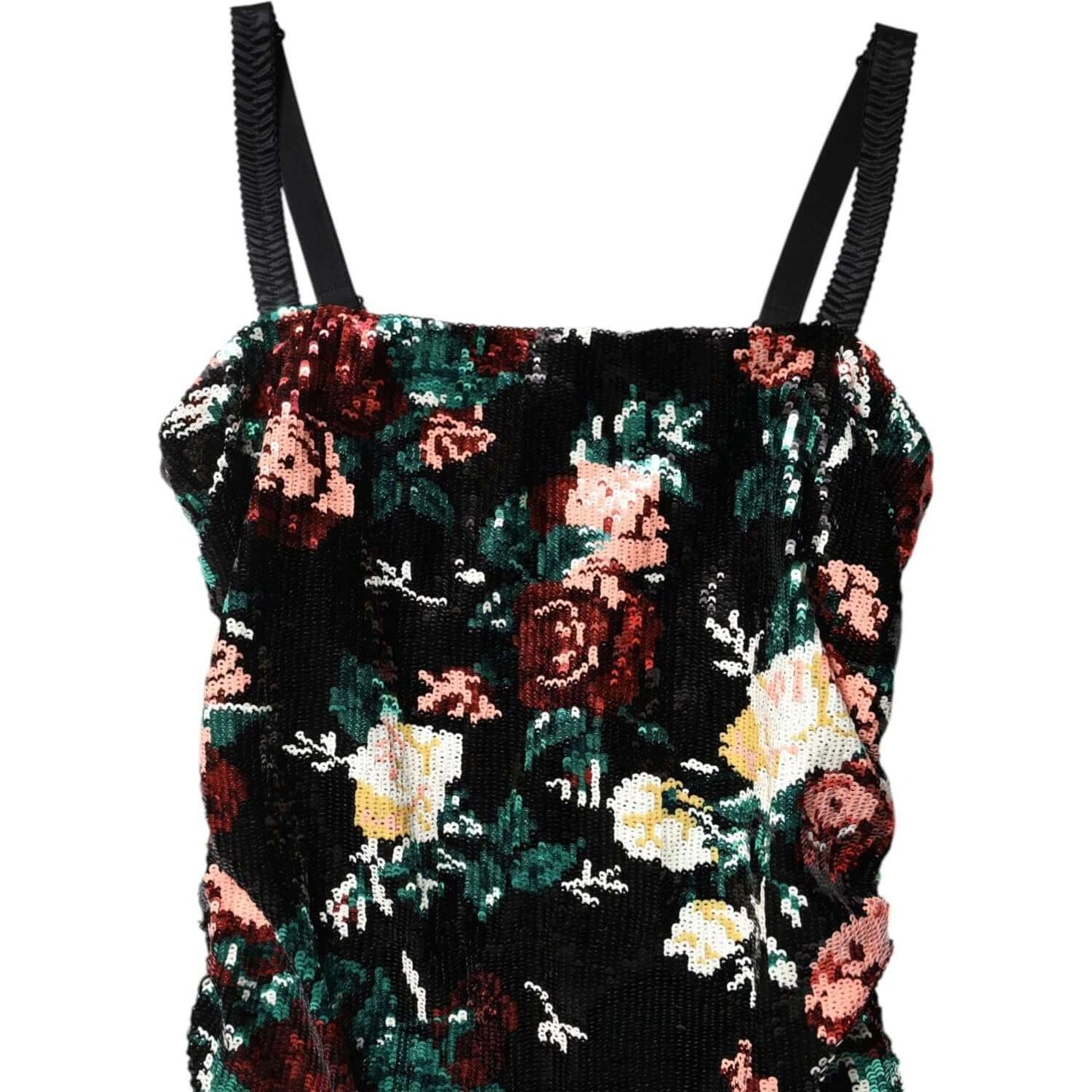 Dolce & Gabbana black floral sequin sleeveless sheath dress, featuring intricate flower pattern and luxury detailing, made in Italy.